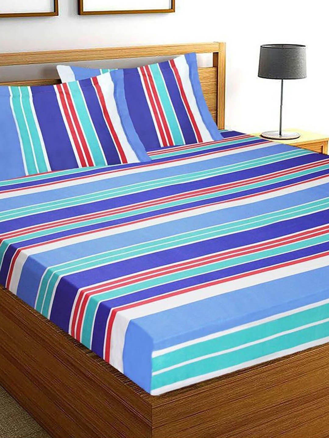 

HOMETALES Blue & Green Striped Cotton 144 TC Queen Bedsheet With 2 Pillow Covers