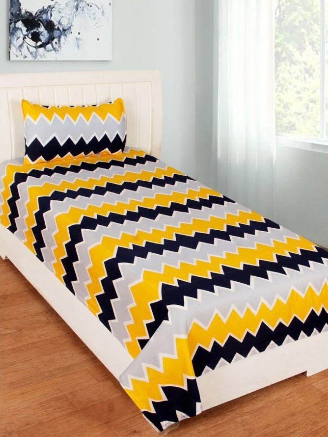 

HOMETALES Yellow & Grey Geometric Microfiber 128 TC Single Bedsheet With 1 Pillow Covers