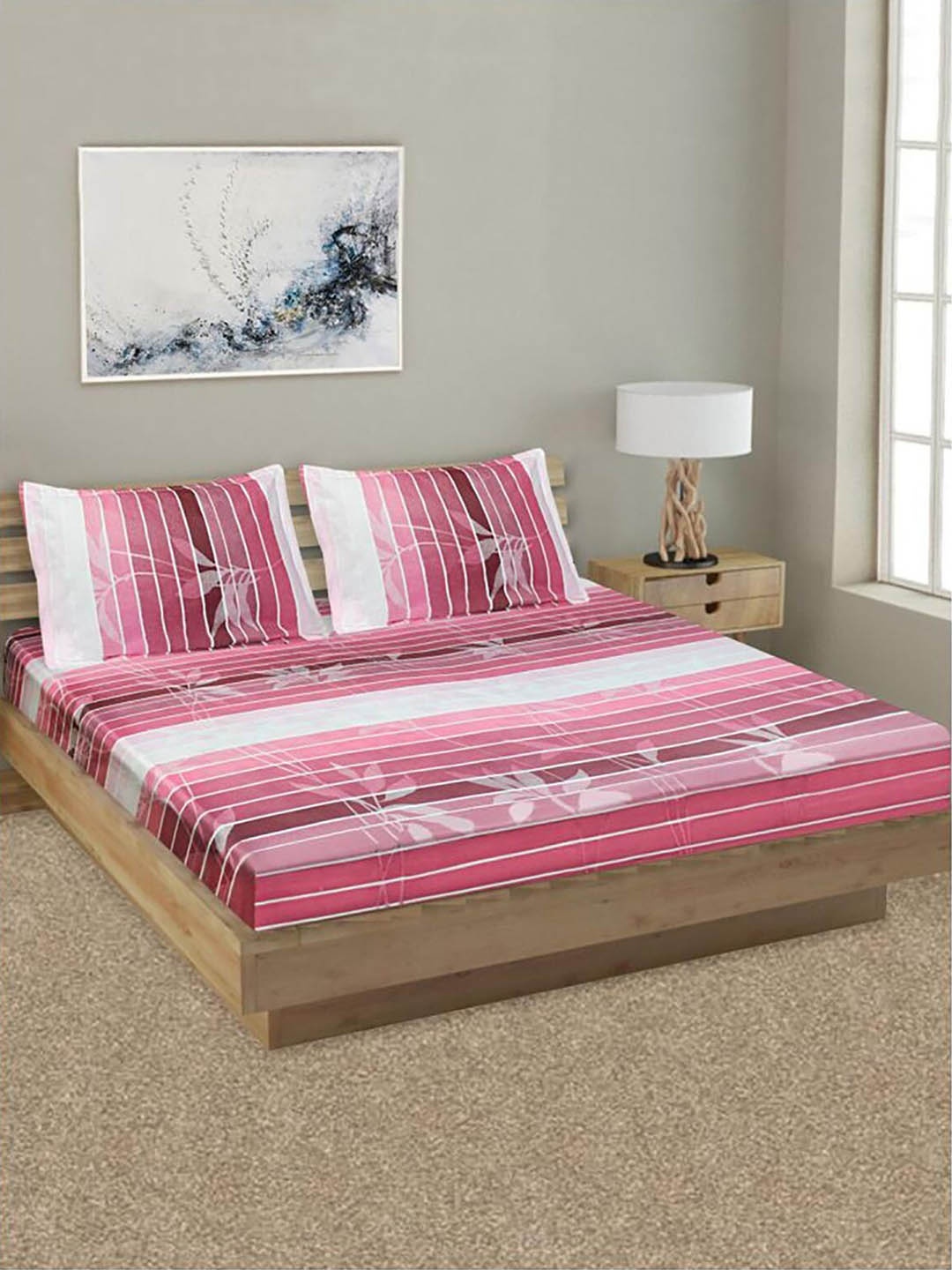 

HOMETALES Red & Pink Striped Cotton 144 TC Queen Bedsheet With 2 Pillow Covers