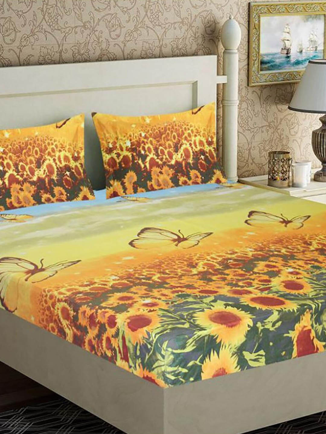 

HOMETALES Yellow & Green Floral Microfiber 110 TC Queen Bedsheet With 2 Pillow Covers