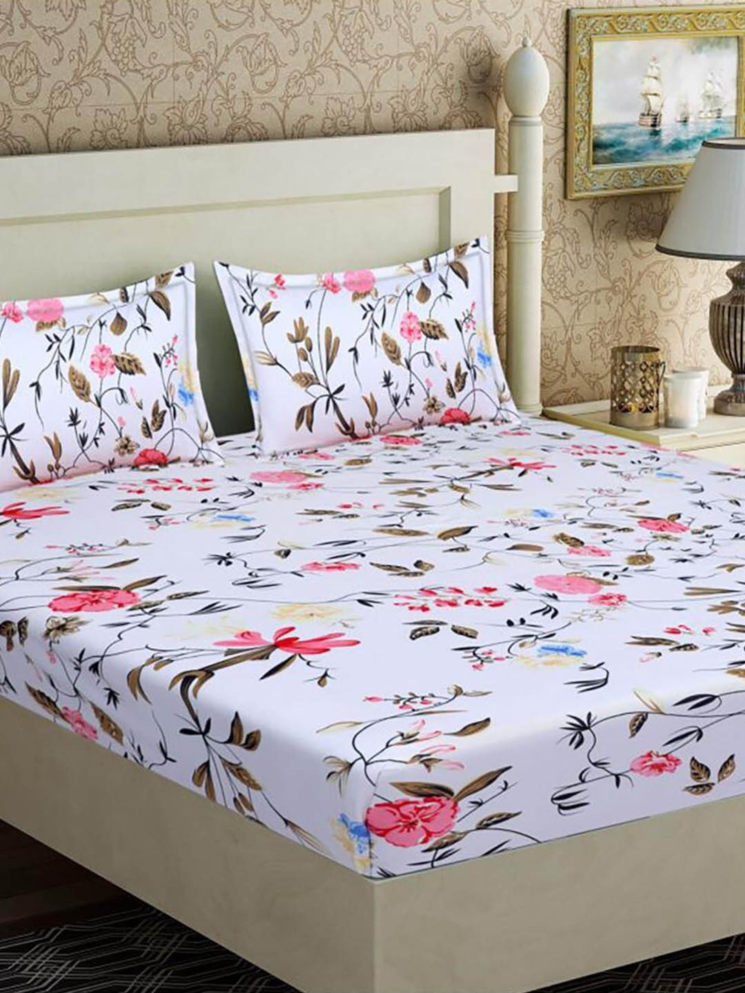 

HOMETALES White & Pink Floral Microfiber 128 TC Queen Bedsheet with 2 Pillow Covers