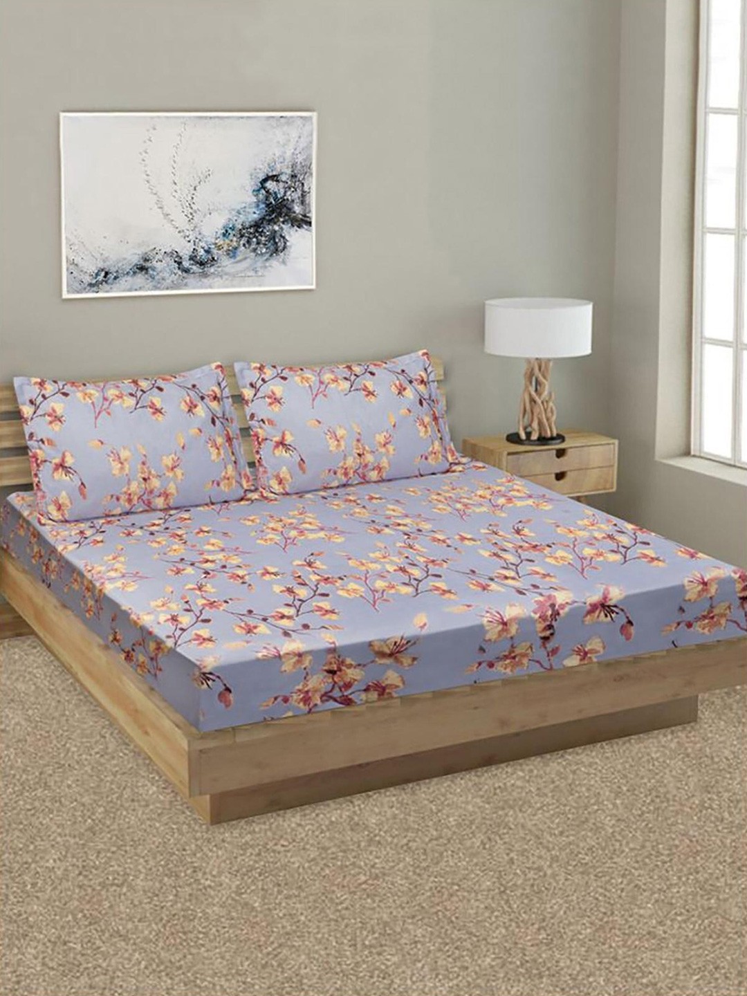 

HOMETALES Grey & Yellow Floral Cotton 144 TC Queen Bedsheet with 2 Pillow Covers