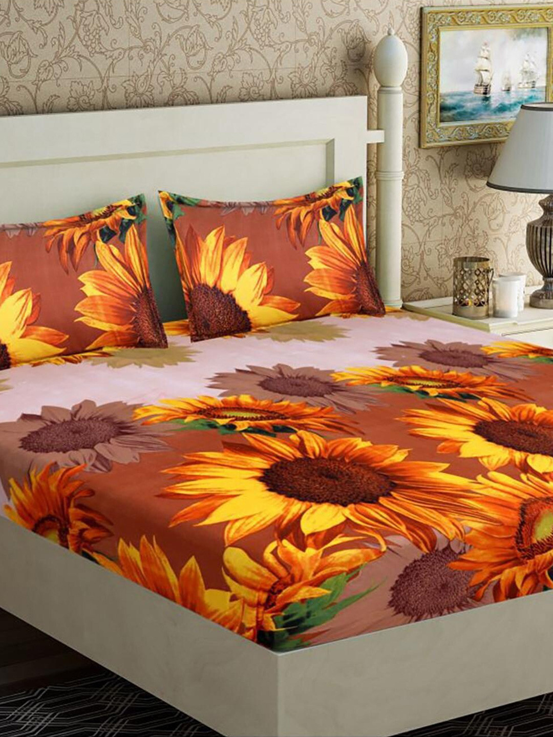 

HOMETALES Yellow & Brown Floral Microfiber 110 TC Queen Bedsheet with 2 Pillow Covers