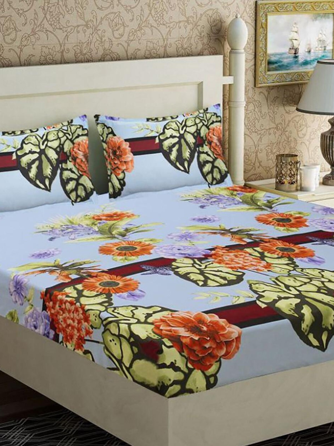

HOMETALES Blue & Green Floral Microfiber 110 TC Queen Bedsheet with 2 Pillow Covers