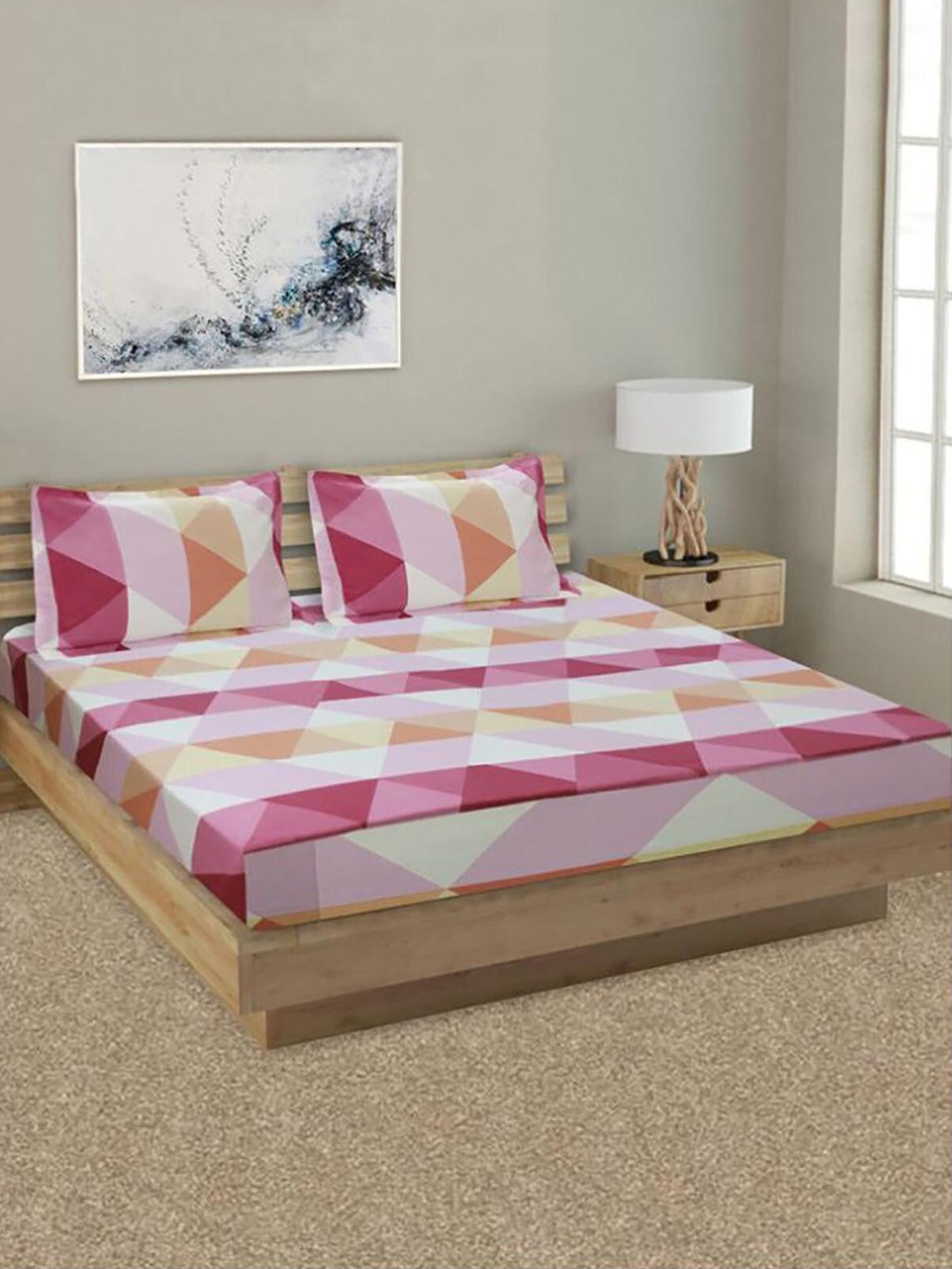 

HOMETALES Pink & Purple Geometric Cotton 144 TC Queen Bedsheet with 2 Pillow Covers