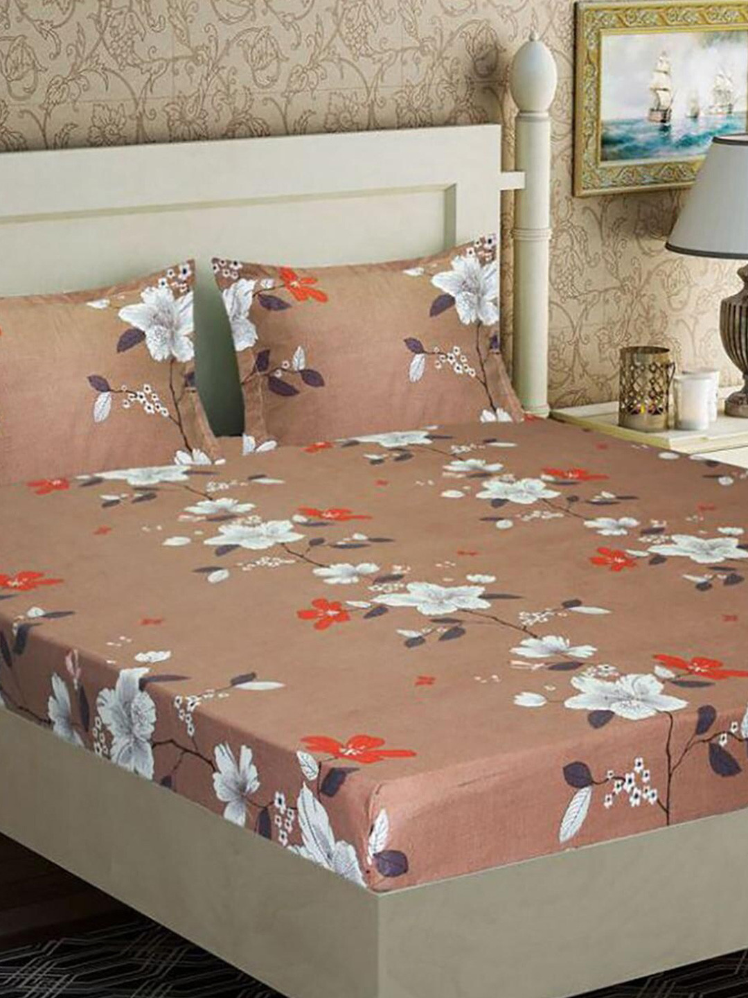

HOMETALES Brown & White Floral Microfiber 220 TC Queen Bedsheet with 2 Pillow Covers