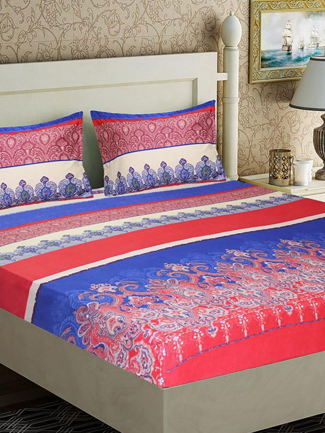 

HOMETALES Red & Blue Ethnic Motifs Microfiber 128 TC Queen Bedsheet with 2 Pillow Covers