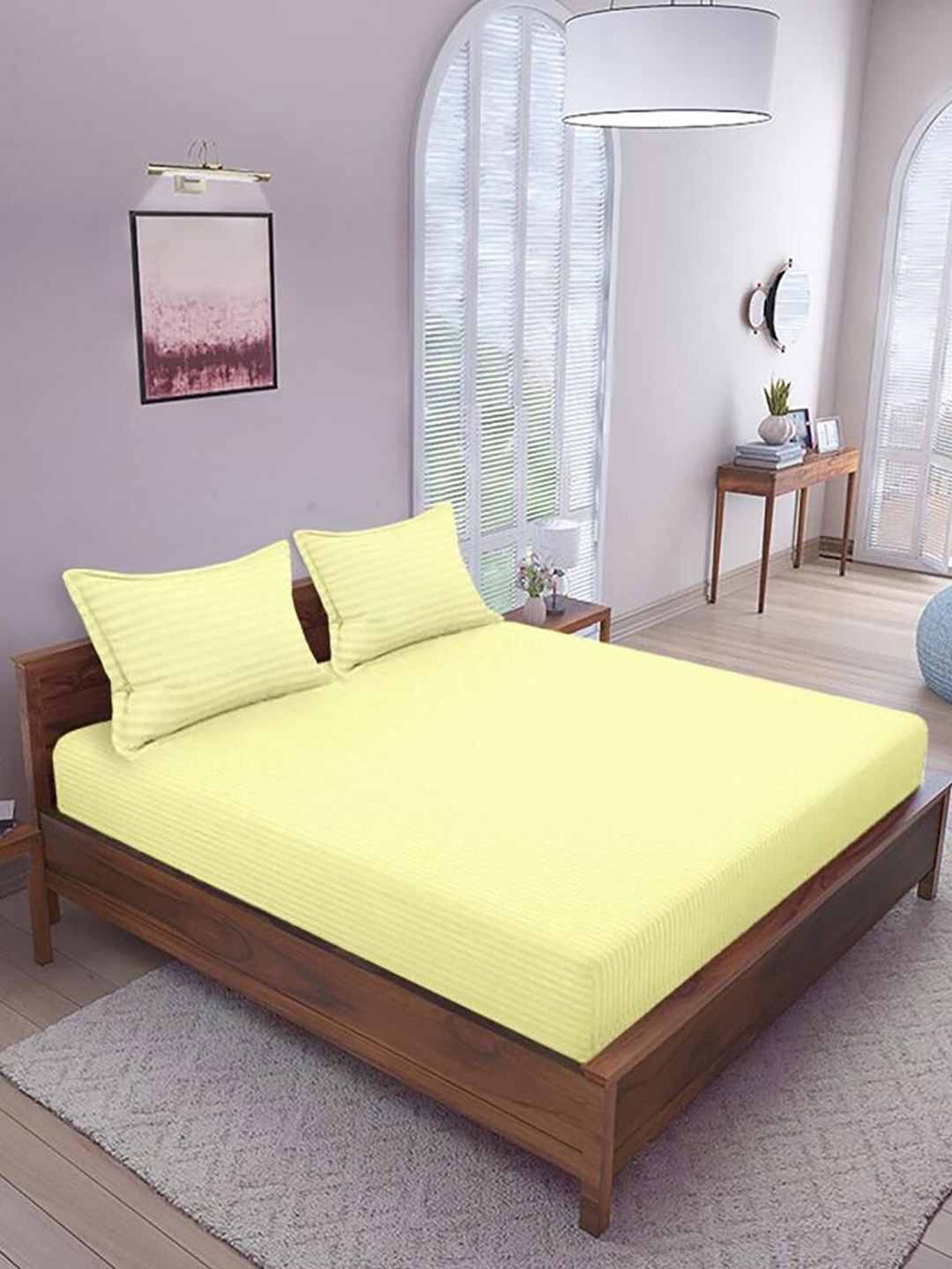 

HOMETALES Yellow Striped Cotton 300 TC King Bedsheet with 2 Pillow Covers