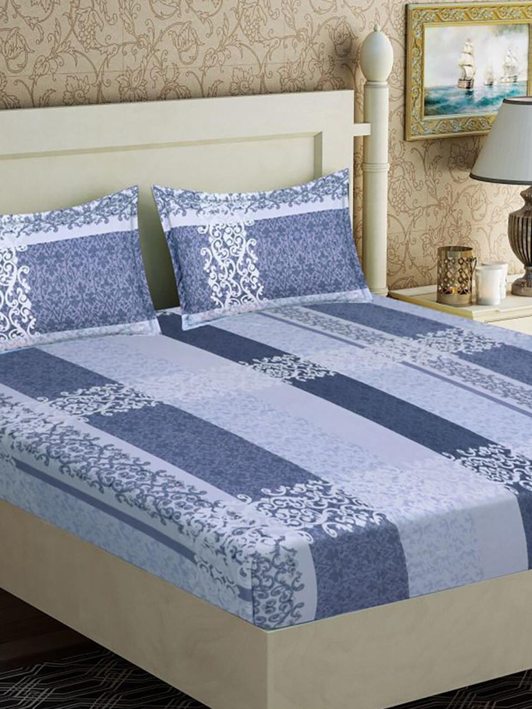 

HOMETALES Grey & White Ethnic Motifs Microfiber 128 TC Queen Bedsheet with 2 Pillow Covers