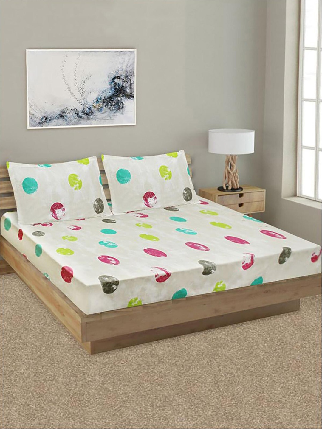 

HOMETALES Yellow & Blue Geometric Cotton 144 TC Queen Bedsheet with 2 Pillow Covers