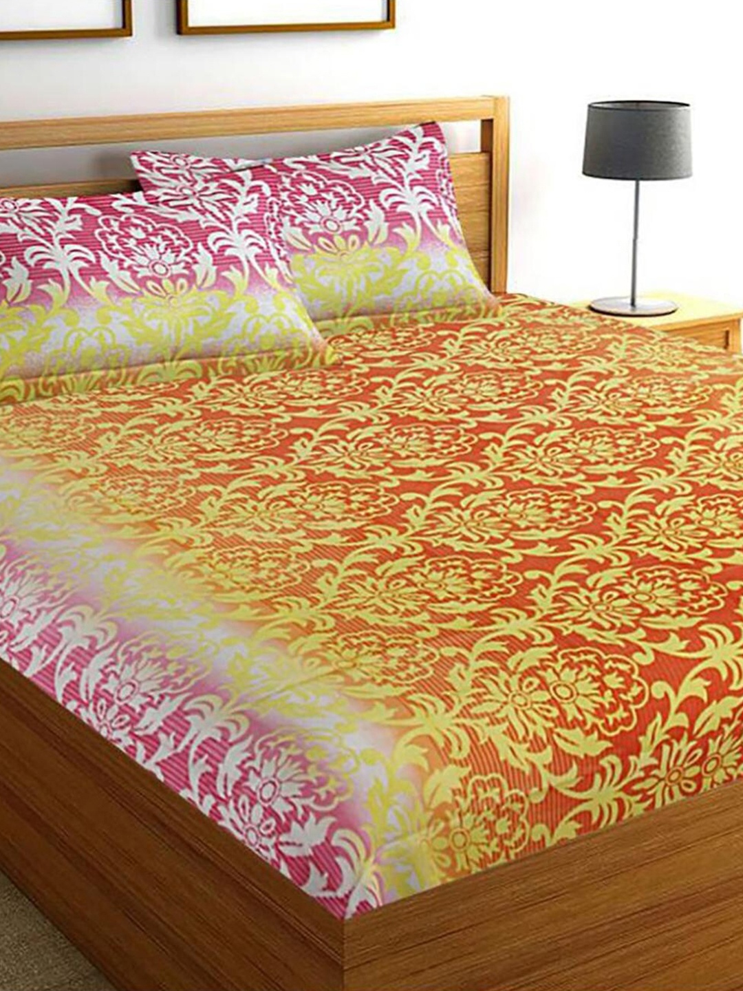 

HOMETALES Orange Ethnic Motifs Cotton 144 TC Queen Bedsheet with 2 Pillow Covers