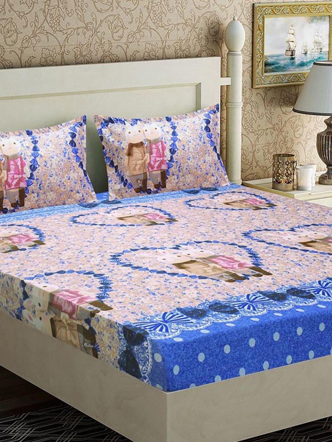 

HOMETALES Peach & Blue Floral Microfiber 128 TC Queen Bedsheet with 2 Pillow Covers