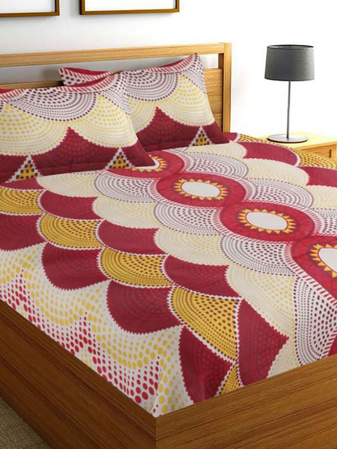 

HOMETALES Red & Yellow Ethnic Motifs Cotton 144 TC Queen Bedsheet with 2 Pillow Covers