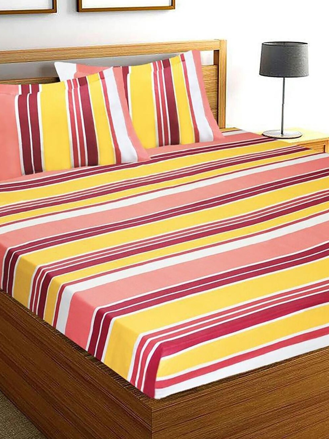 

HOMETALES Red & White Striped Cotton 144 TC Queen Bedsheet With 2 Pillow Covers