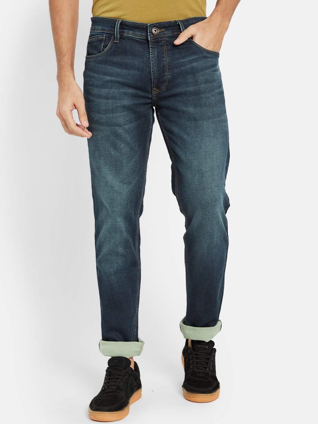 

Octave Men Mid-Rise Clean Look Whiskers & Chevrons Heavy Fade Cotton Jeans, Navy blue