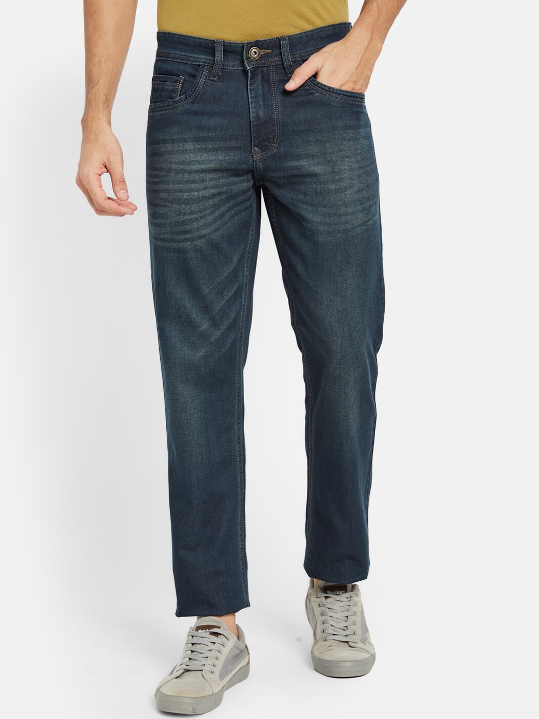 

Octave Men Mid-Rise Clean Look Light Fade Whiskers & Chevrons Cotton Jeans, Navy blue