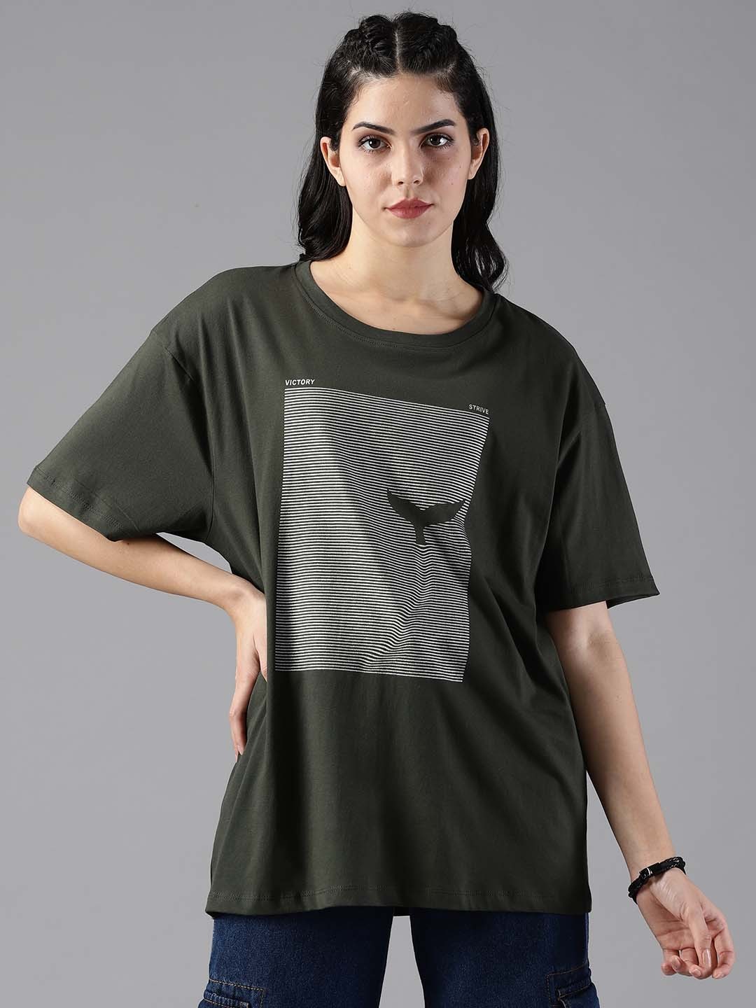 

The Roadster Lifestyle Co. Graphic Printed Oversized Longline Pure Cotton T-Shirt, Green