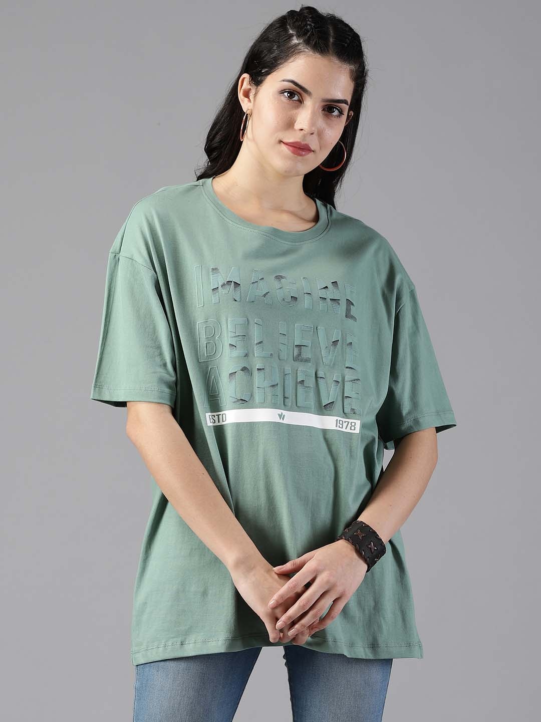 

The Roadster Lifestyle Co. Typography Printed Oversized Pure Cotton T-Shirt, Green