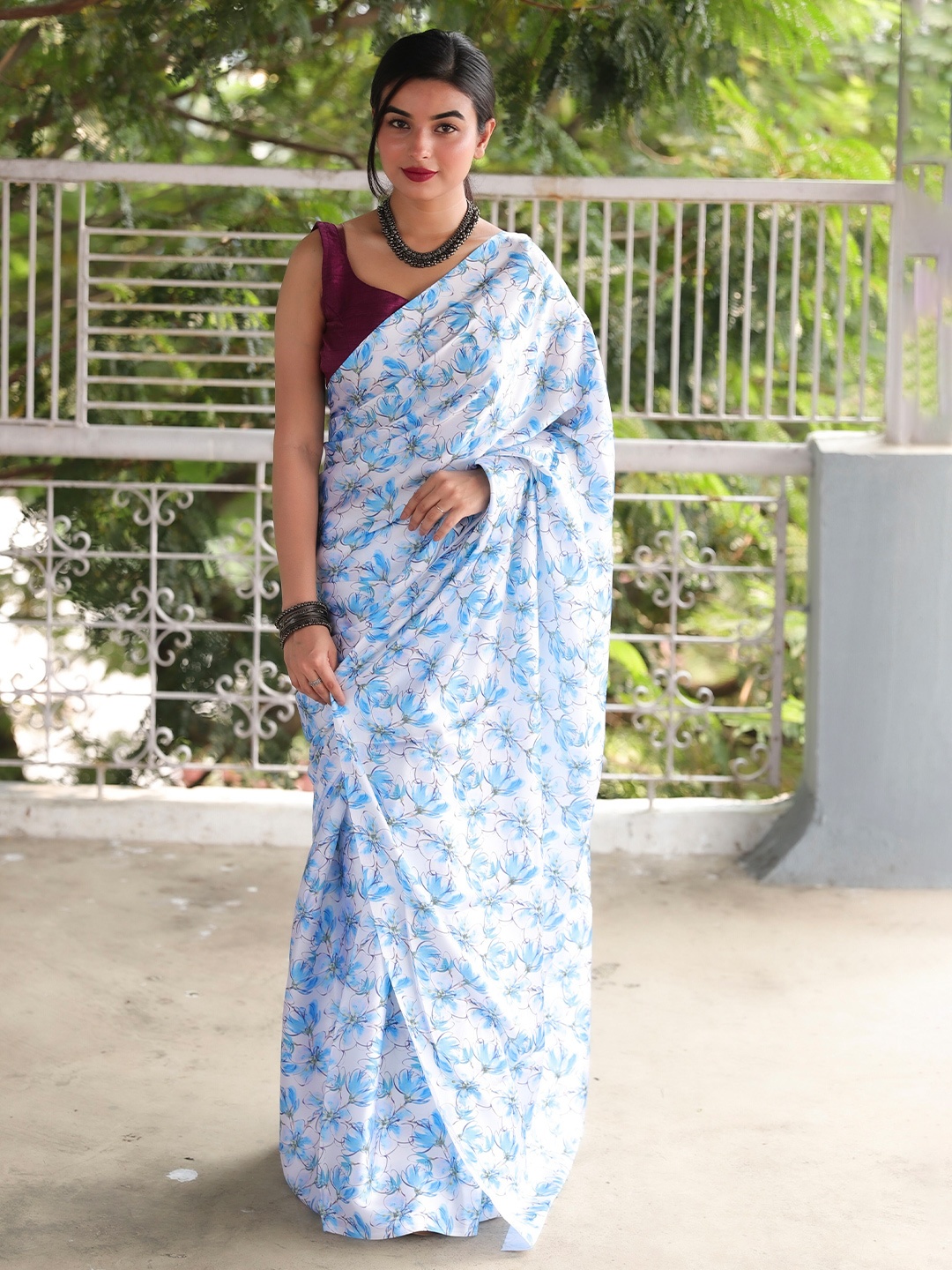 

VEECHIS Floral Printed Satin Saree, White