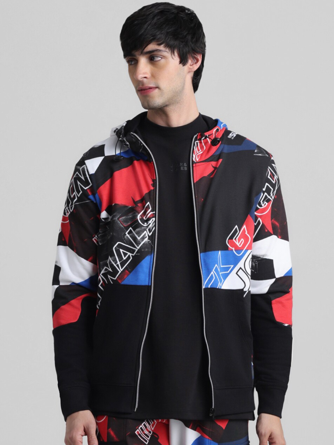 

Jack & Jones Typography Printed Hooded Front-Open Sweatshirt, Black