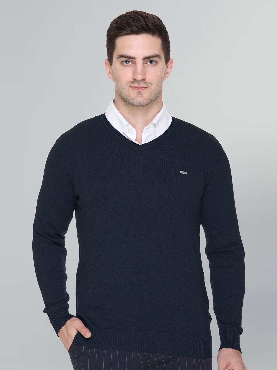 

GODFREY V-Neck Cotton Pullover, Navy blue