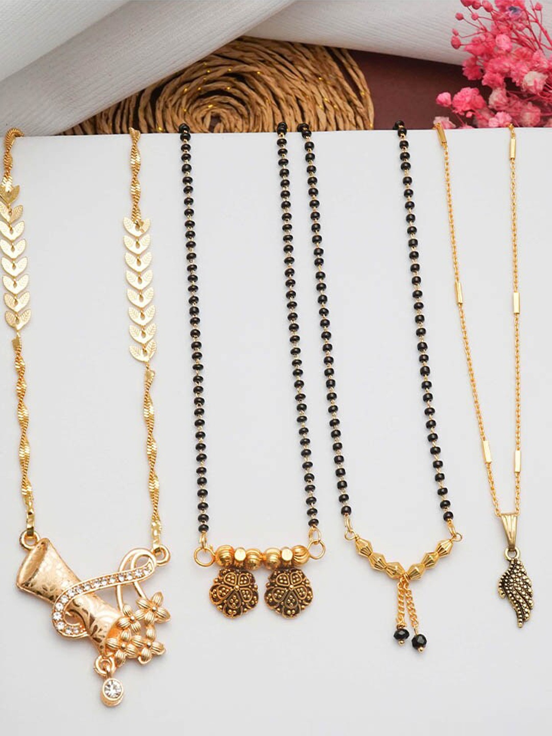 Ramdev Art Fashion Jwellery Set of 4 Gold-Plated Beaded Mangalsutra