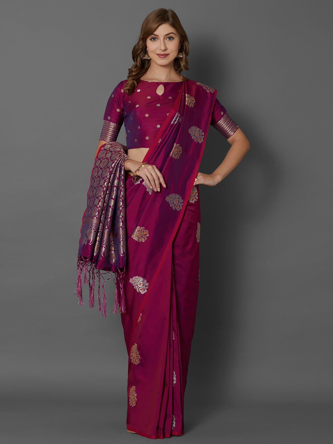 

KALINI Ethnic Motifs Woven Design Zari Detailed Saree, Magenta