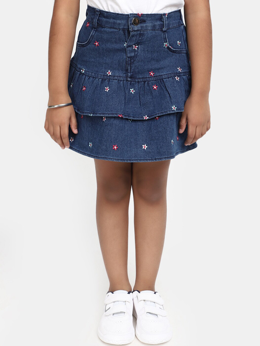 

V-Mart Girls Floral Embroidered Layered Detail Denim Mini Skirt, Blue