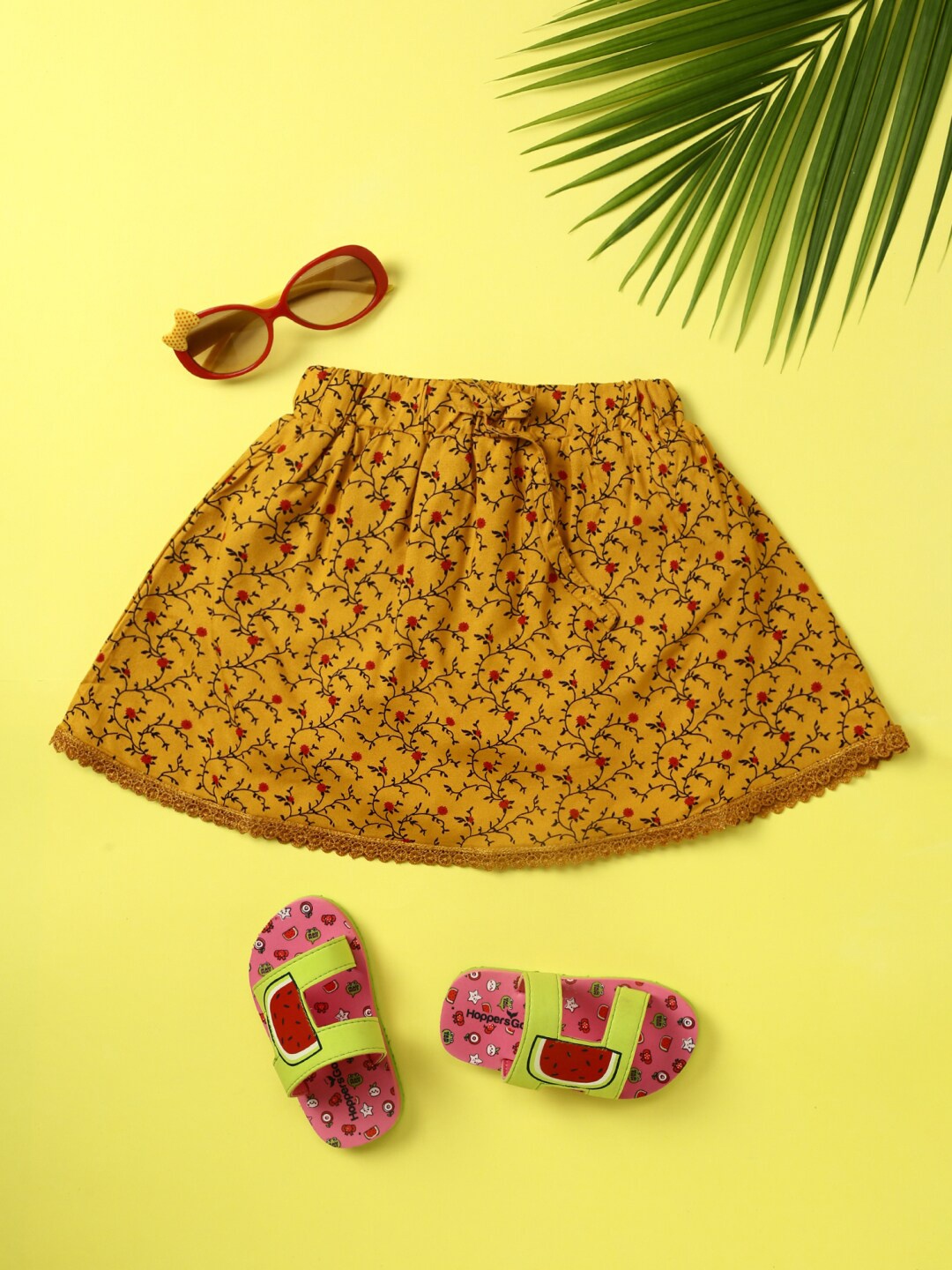 

V-Mart Girls Floral Printed Knee Length A-Line Skirt, Mustard