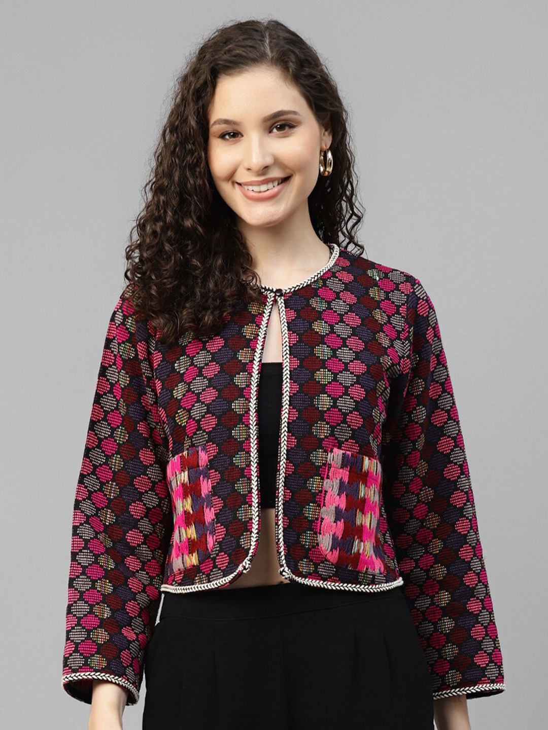 

DEEBACO Geometric Printed Open Front Jacquard Shrug, Pink