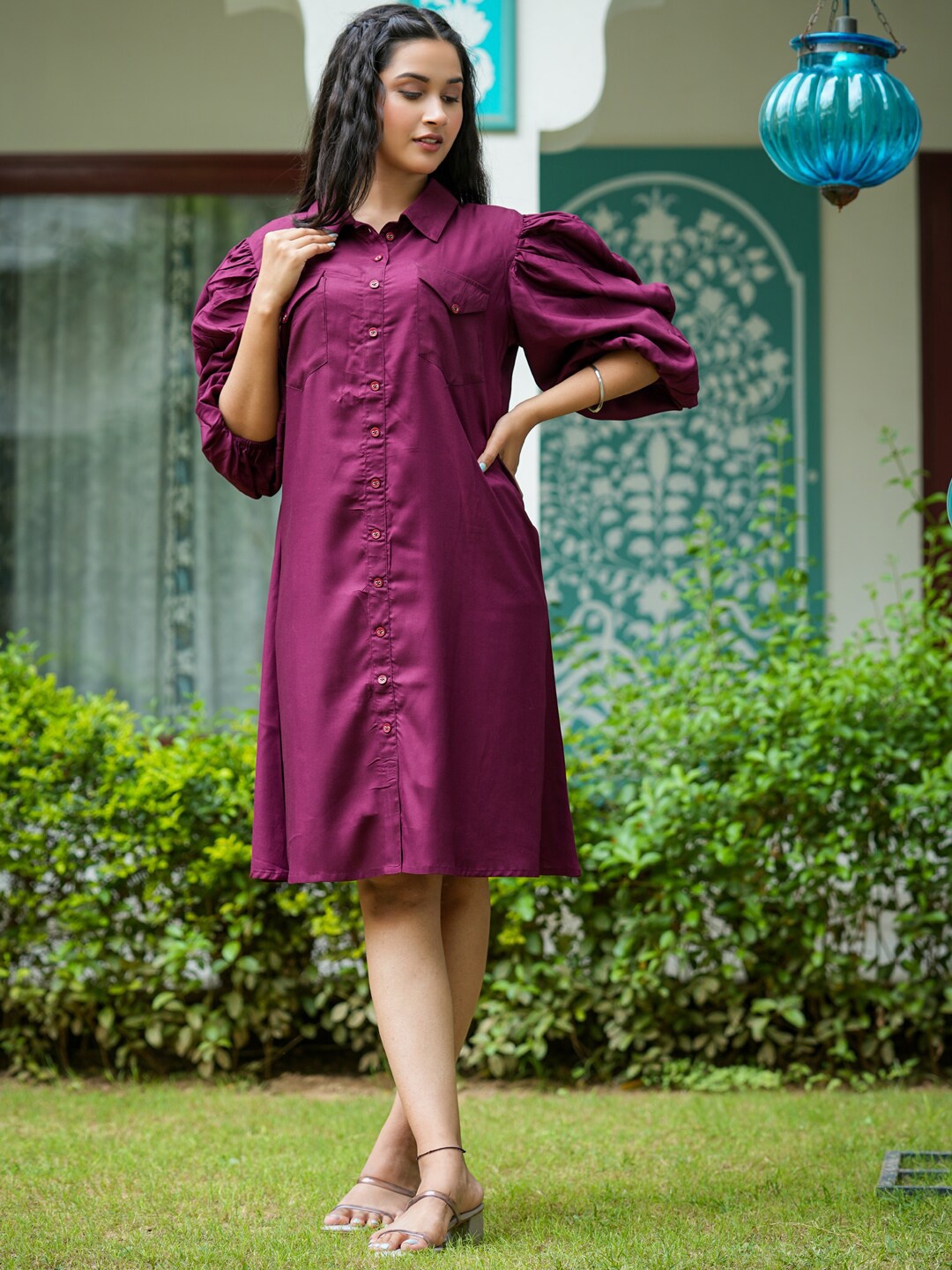 

YASH GALLERY Puff Sleeves Shirt Style Dress, Burgundy