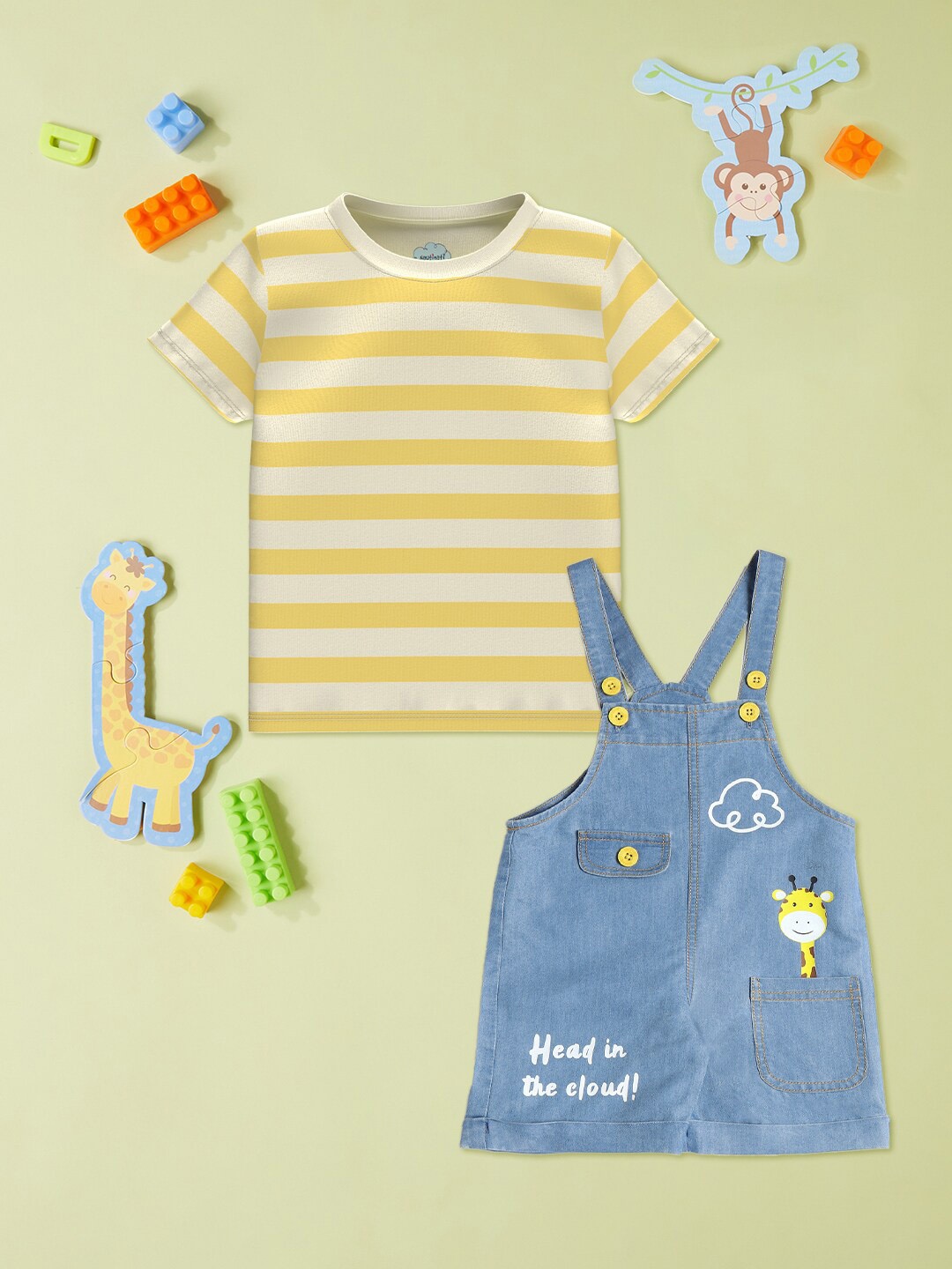 

Nauti Nati Boys Graphic Printed Striped T-shirt with Denim Dungaree, Yellow