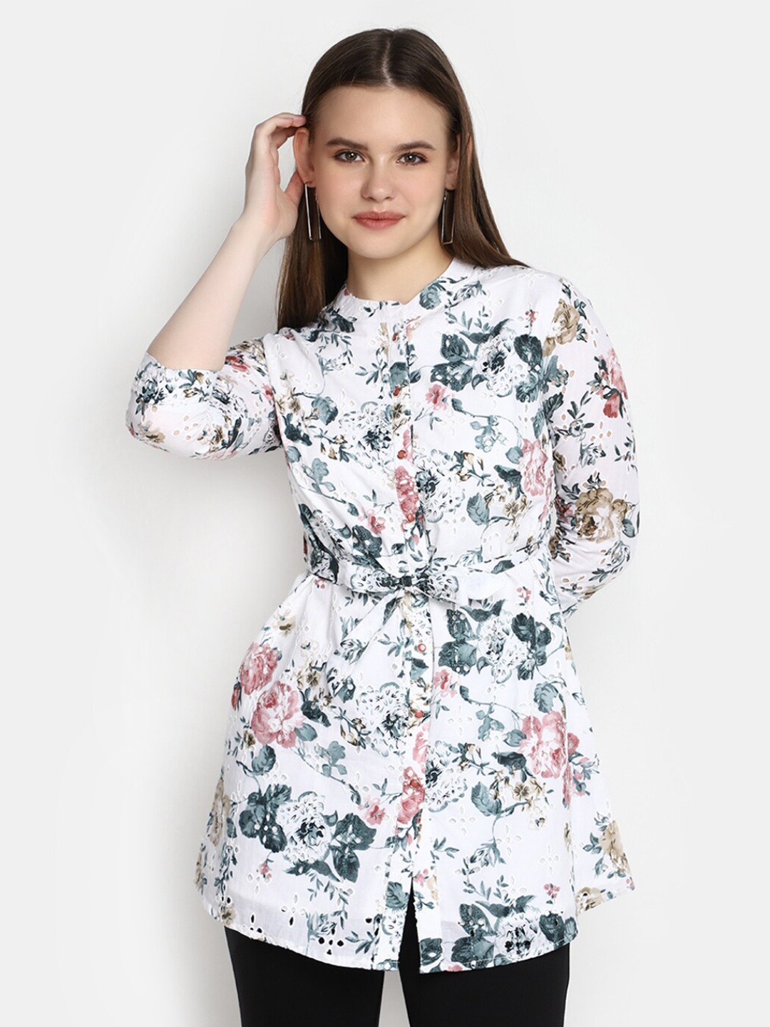 

V-Mart White Floral Print Bell Sleeve A-Line Dress