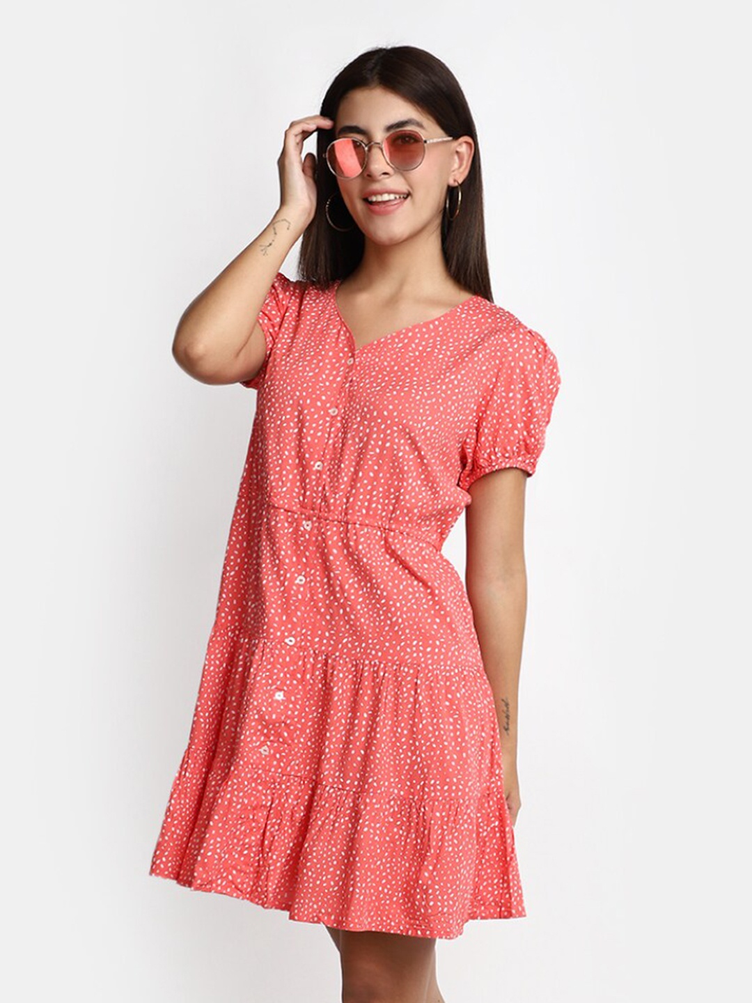 

V-Mart Abstract Printed Puff Sleeves Tiered A-Line Dress, Pink