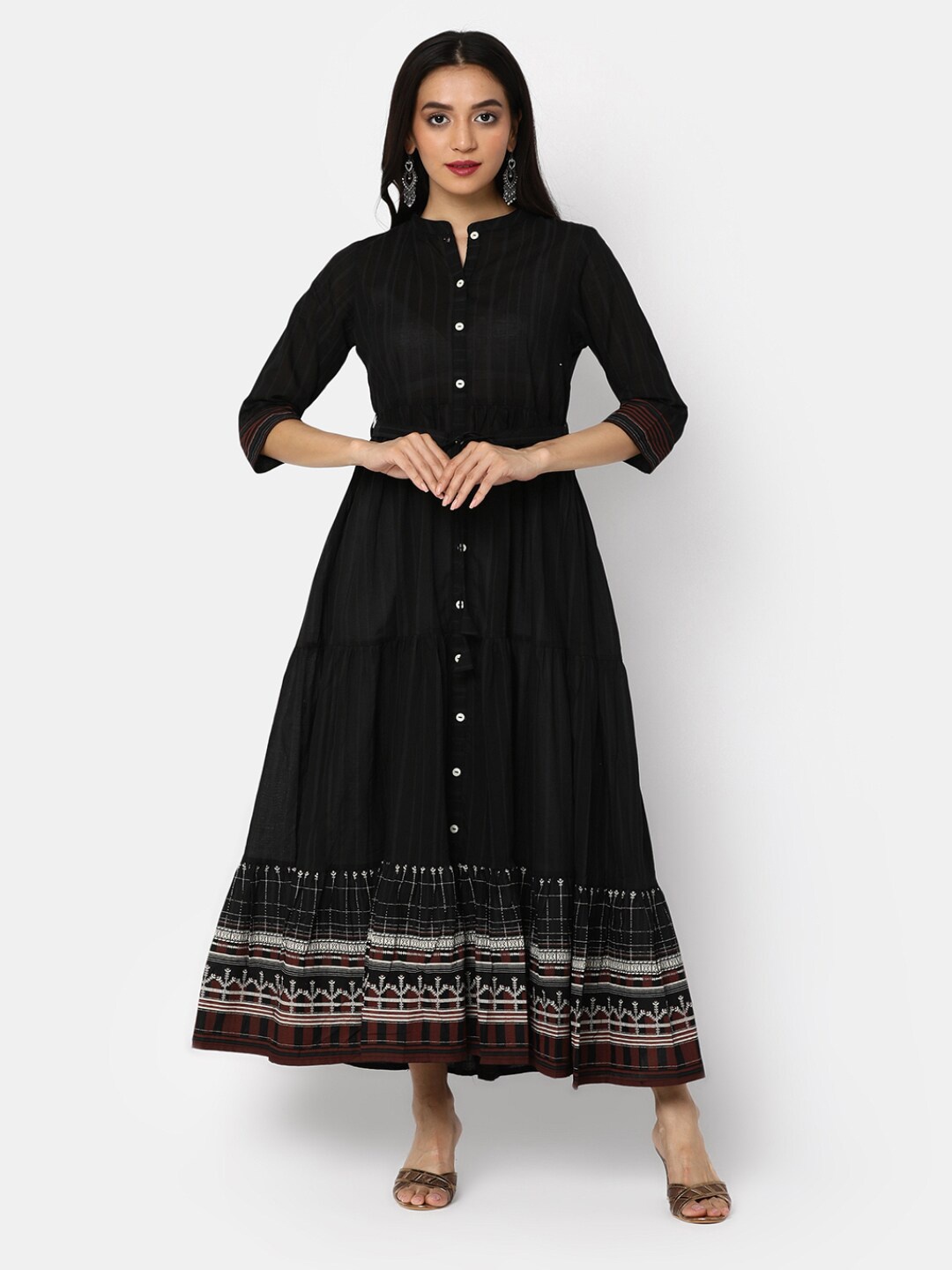 

V-Mart Ethnic Motifs Printed Mandarin Collar Cotton Fit & Flare Maxi Ethnic Dress, Black