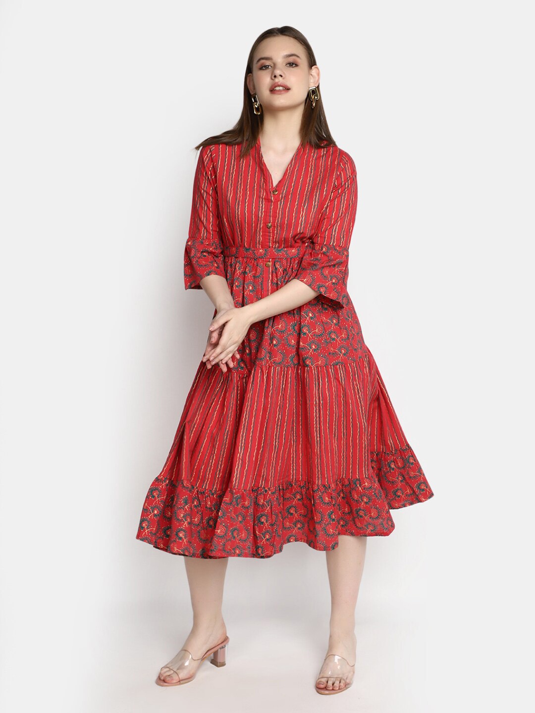 

V-Mart Floral Printed Cotton Fit & Flare Midi Ethnic Dress, Pink