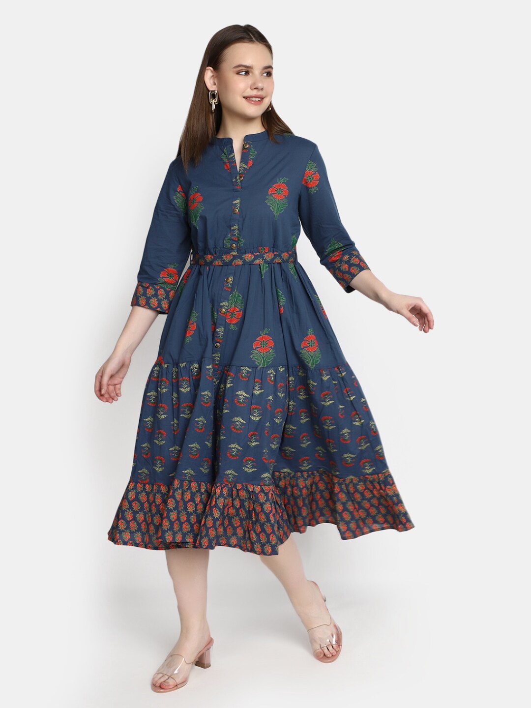 

V-Mart Floral Printed Mandarin Collar Cotton Fit & Flare Midi Ethnic Dress, Navy blue