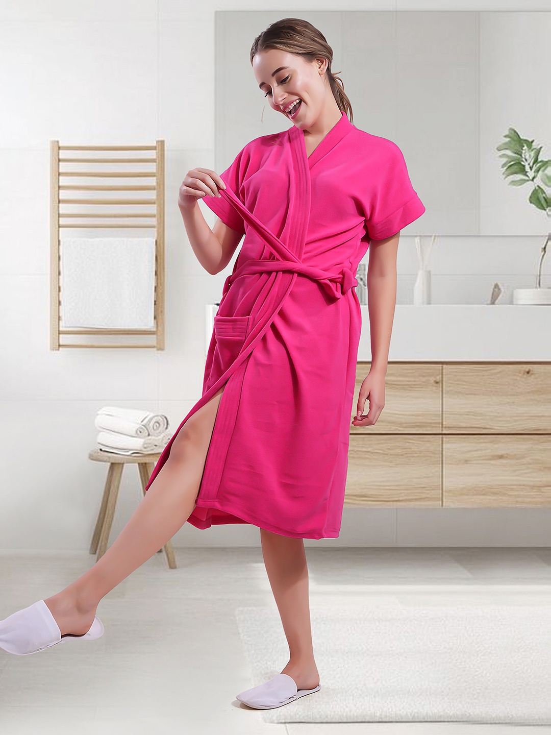 

LacyLook Women Solid Half Sleeve Belted Bathrobe with Pocket, Pink