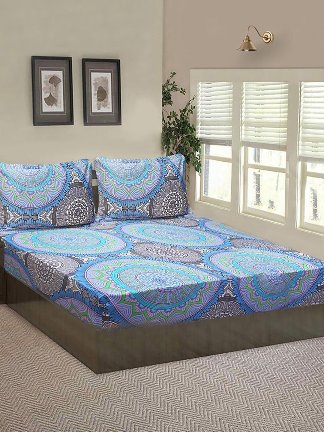 

HOMETALES Blue & Grey Ethnic Motifs 120 TC Single Fitted Bedsheet with 2 Pillow Covers