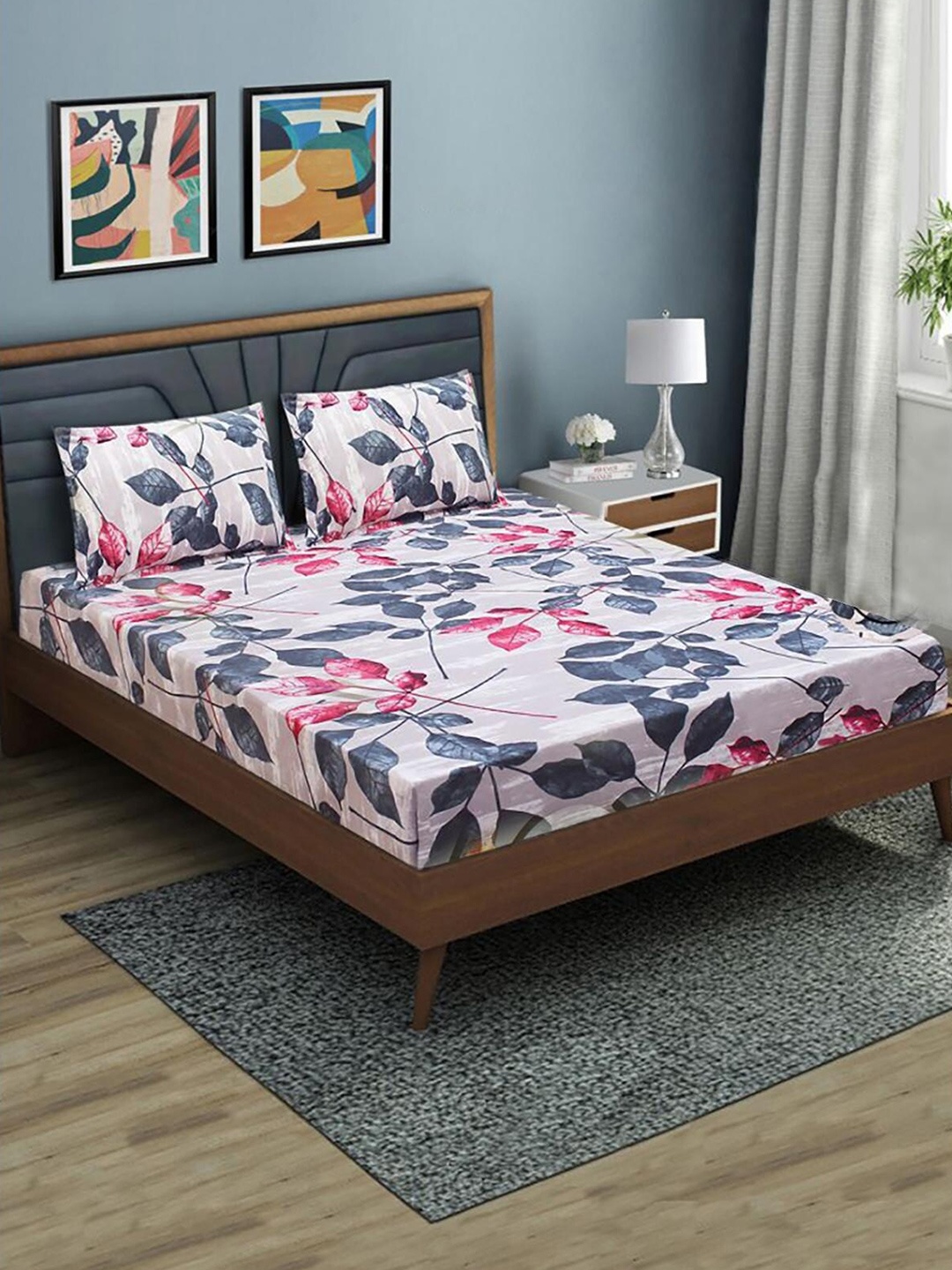 

HOMETALES Pink & Blue Floral 130 TC Single Fitted Bedsheet with 2 Pillow Covers