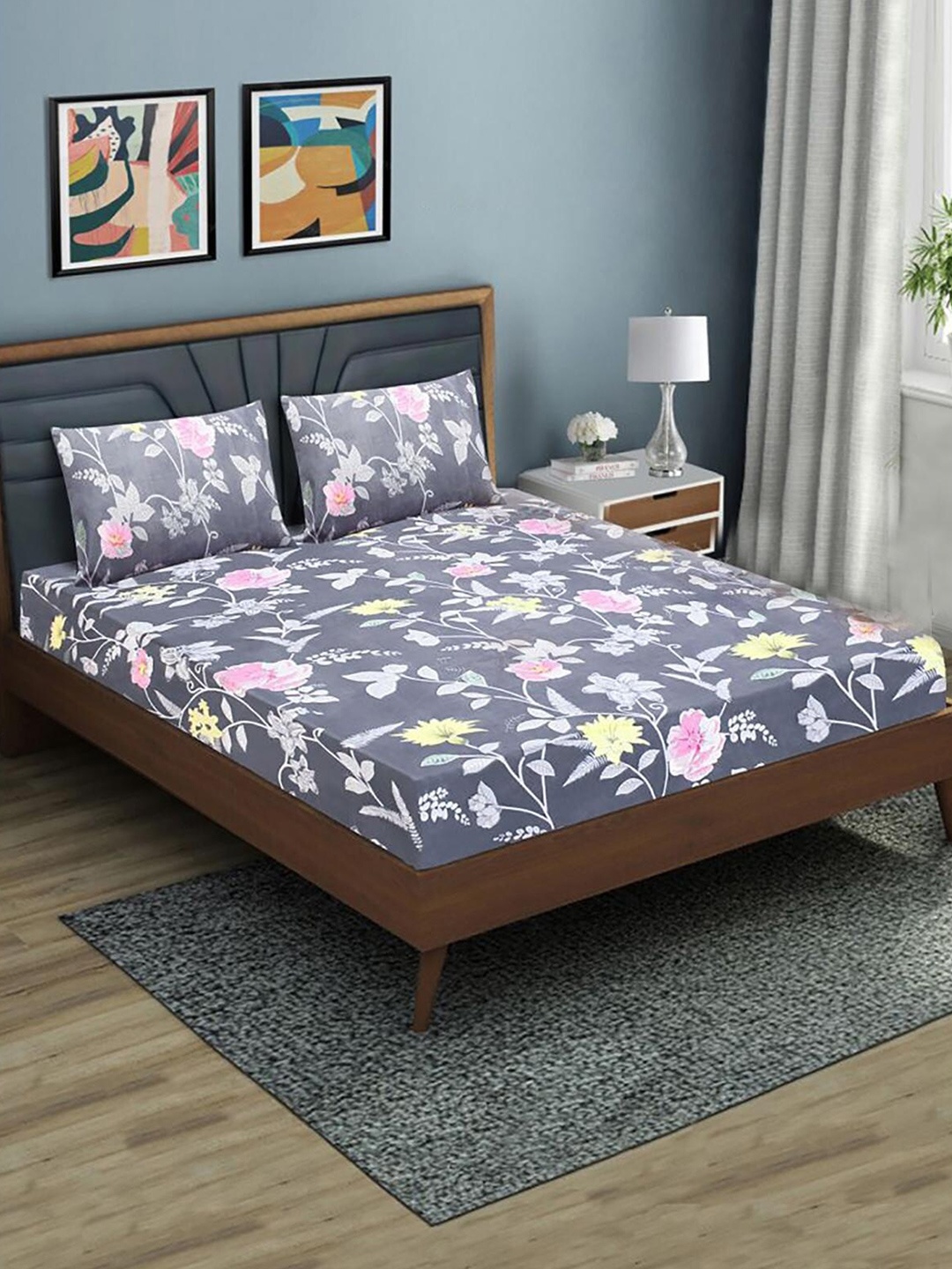 

HOMETALES Grey & Yellow Floral 130 TC Single Fitted Bedsheet with 2 Pillow Covers