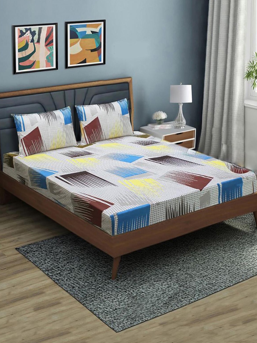 

HOMETALES White & Blue 130 TC Single Fitted Bedsheet with 2 Pillow Covers