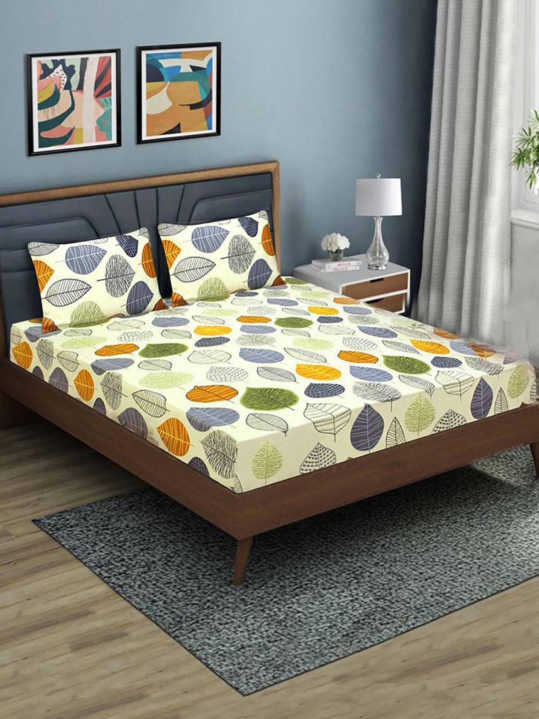 

HOMETALES Yellow & Grey Floral 130 TC Single Fitted Bedsheet with 2 Pillow Covers