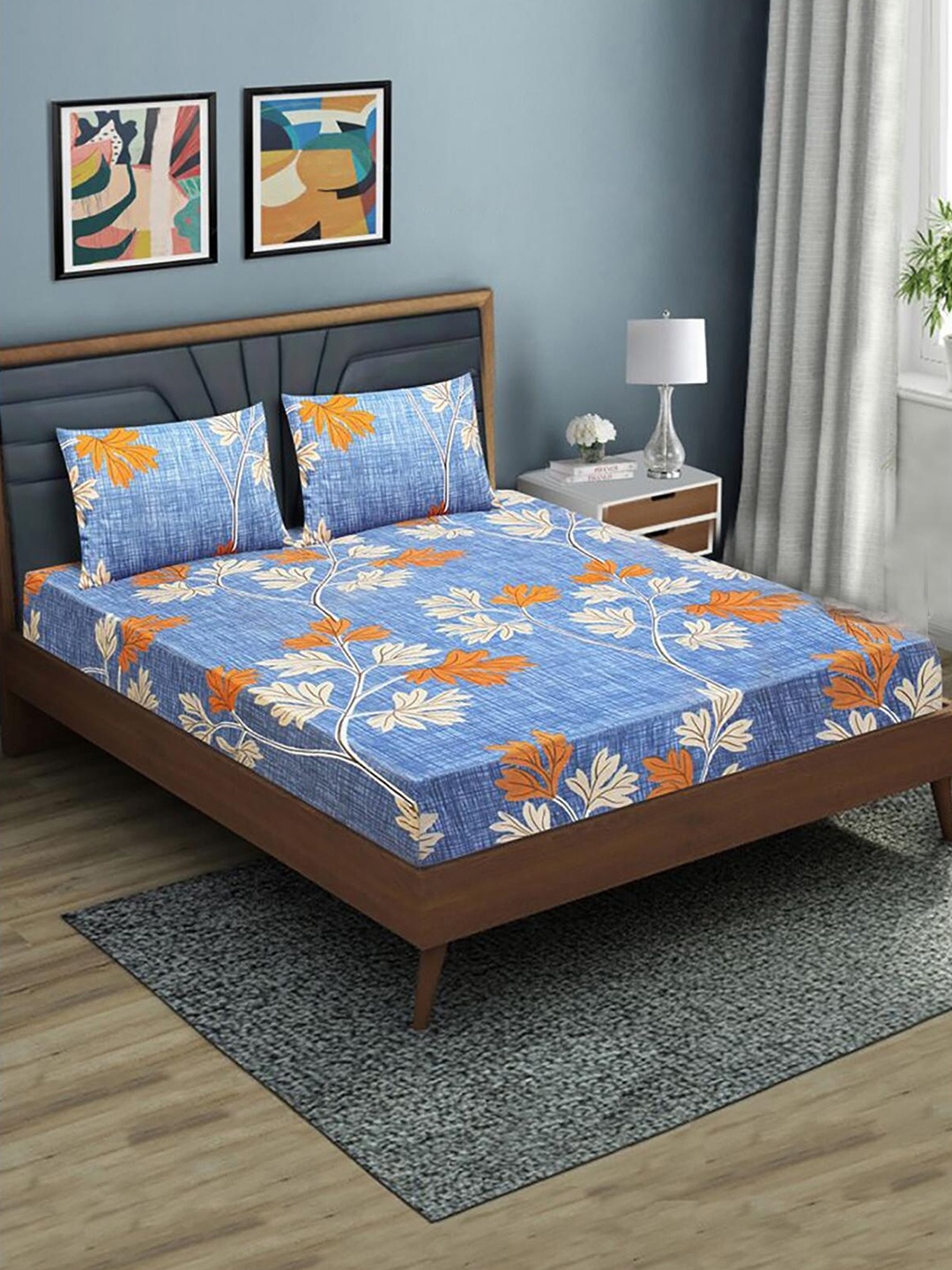 

HOMETALES Blue & Orange Floral 130 TC Single Fitted Bedsheet with 2 Pillow Covers