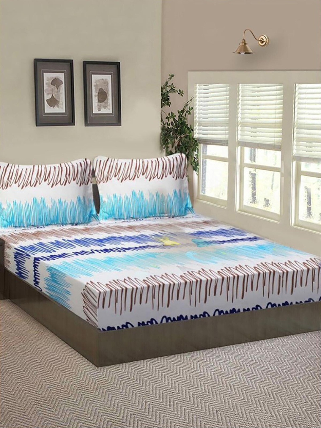 

HOMETALES White & Blue 120 TC Single Fitted Bedsheet with 2 Pillow Covers