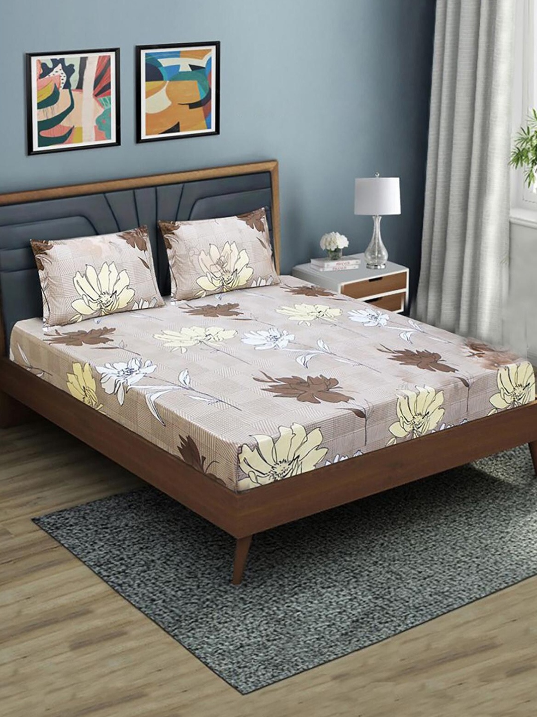 

HOMETALES Grey & Brown Floral 130 TC Single Fitted Bedsheet with 2 Pillow Covers
