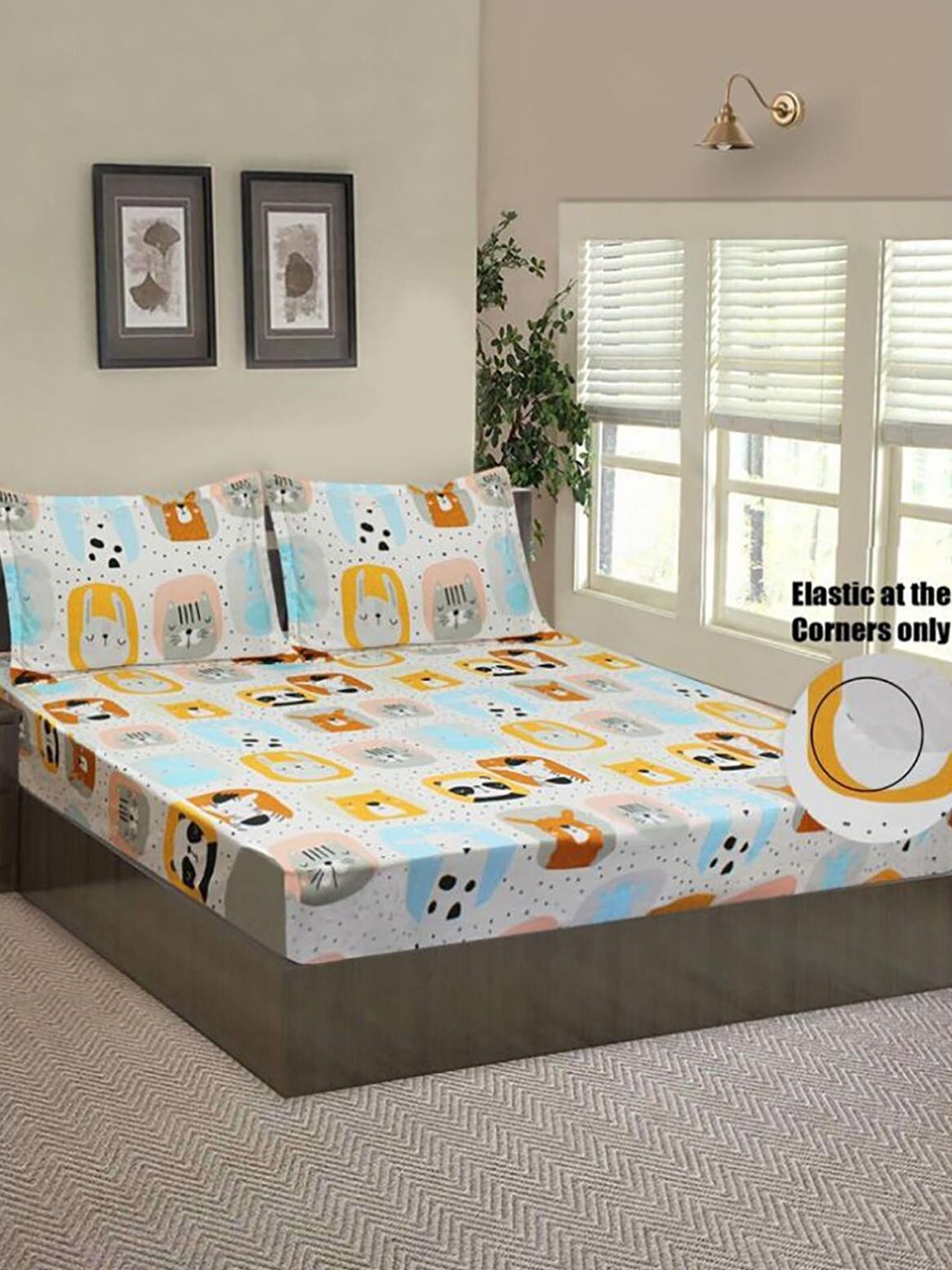 

HOMETALES White Printed Microfiber 130 TC Fitted Single Bedsheet & 2 Pillow Covers