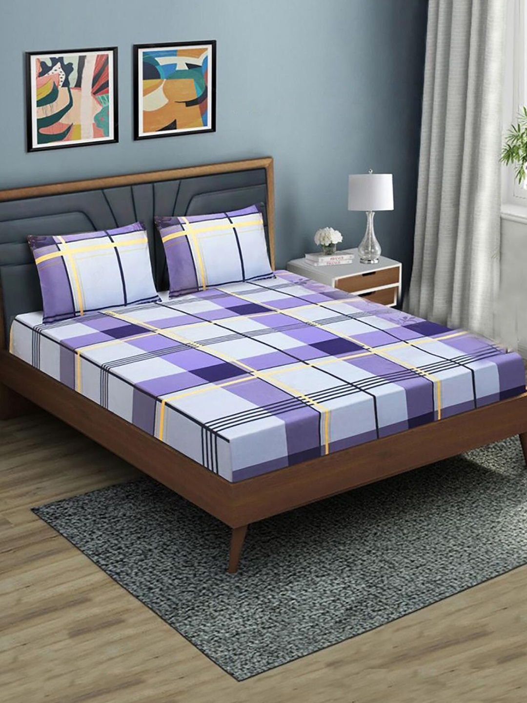 

HOMETALES Purple Microfibre Geometric 130 TC Fitted Single Bedsheet With 2 Pillow Covers