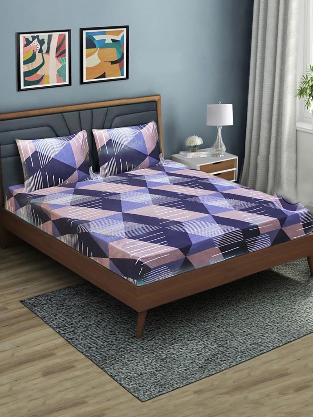 

HOMETALES Blue Geometric Microfibre 130 TC Fitted Single Bedsheet With 2 Pillow Covers