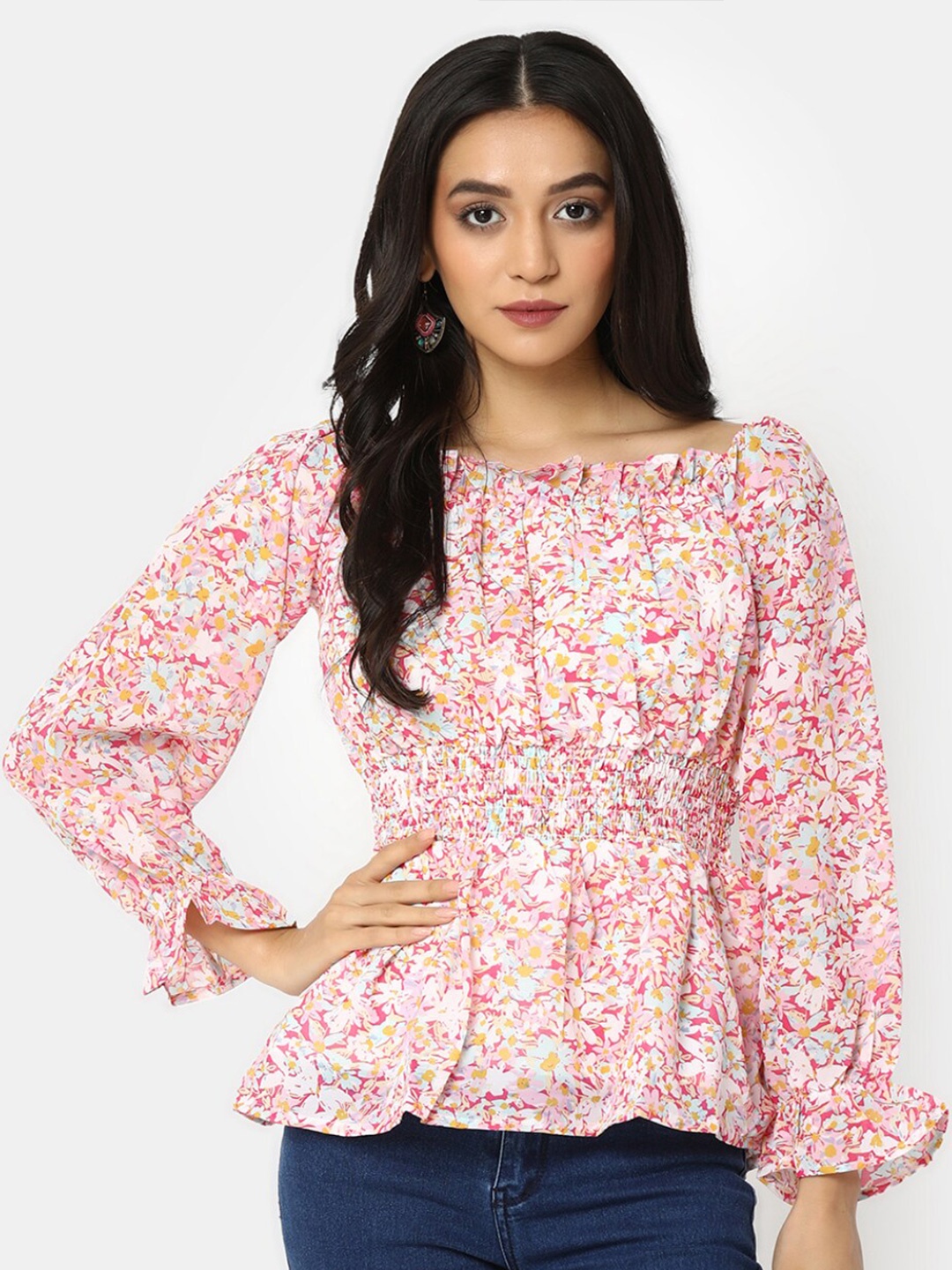 

V-Mart Floral Printed Cotton Cinched Waist Top, Pink